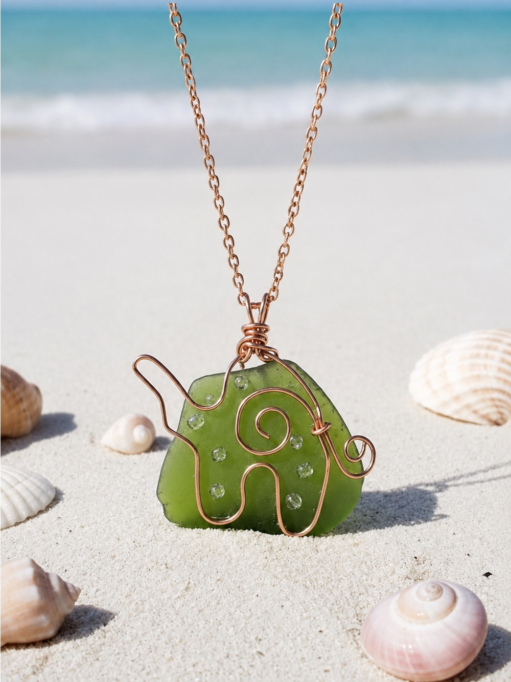 Handmade New NWT Design by Mariel Elephant Necklace Green Sea Glass Rose Gold
